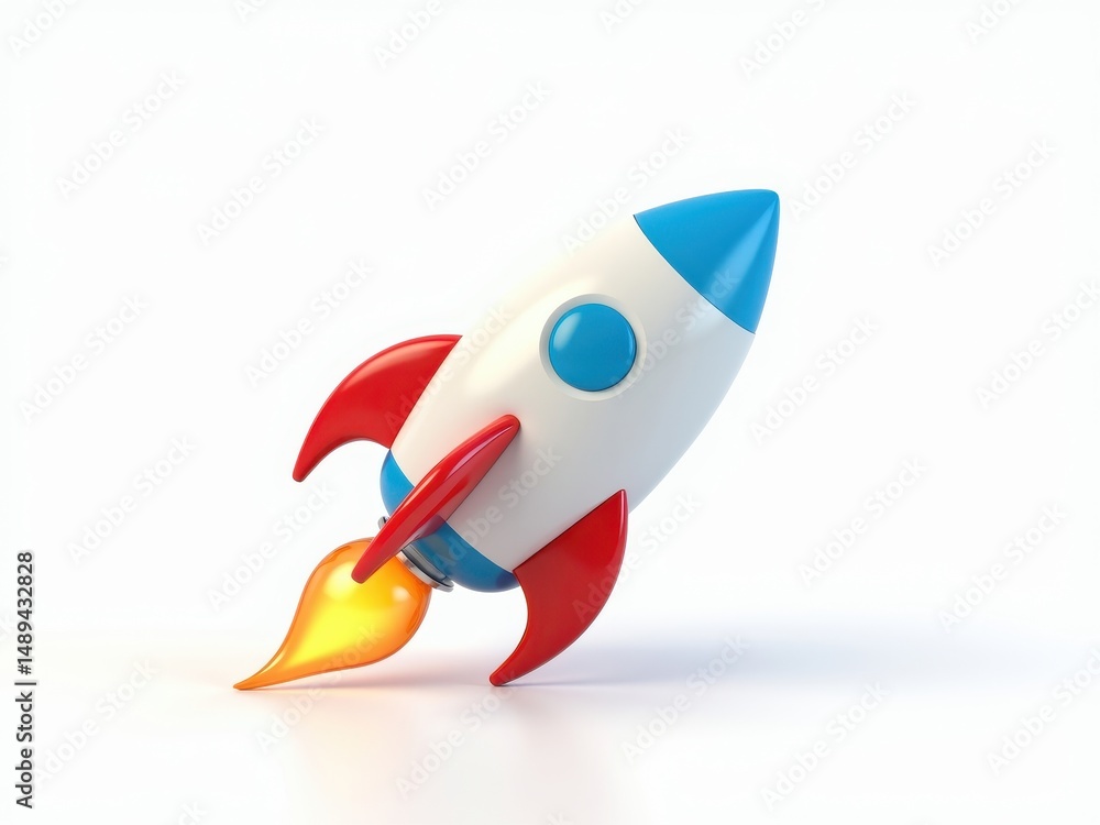 Obraz premium Cartoon rocket launching on a white background 3D plastic style 3D plastic style