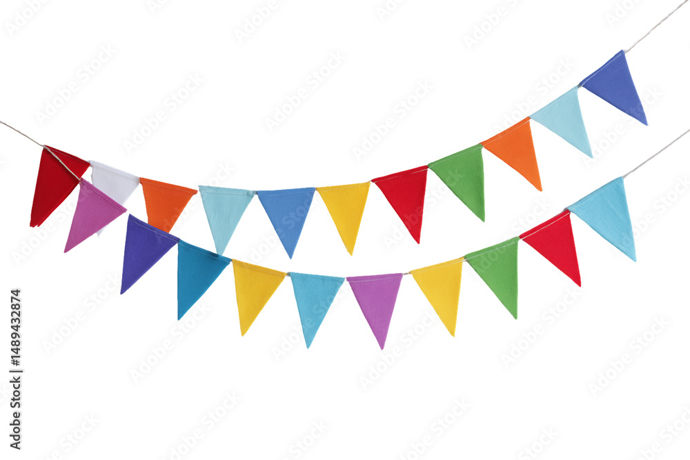 Obraz premium Colorful Triangular Bunting Flags on Twine, PNG