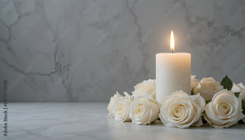 Memorial Day Candlelit Vigil with White Roses Gray Background Photo Memorial Day Candlelit Vigil with White Roses Gray Background Photo