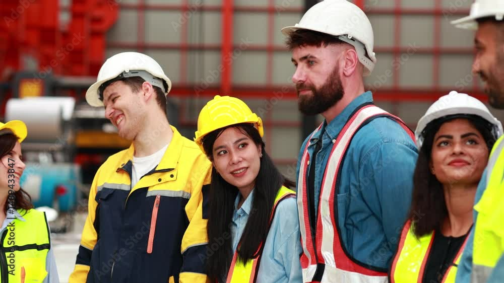 Ethnic diversity factory meeting, Success teamwork. Group of professional engineering people wearing hardhat safety helmet meeting. Communication Morning Brief. metal sheet profiling factory Ethnic diversity factory meeting, Success teamwork. Group of professional engineering people wearing hardhat safety helmet meeting. Communication Morning Brief. metal sheet profiling factory