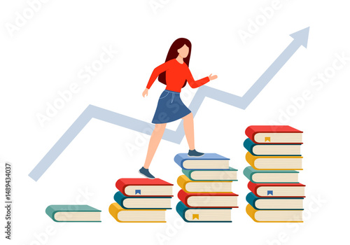 Female student going from one education level to another. Girl steps up stairs of books on white background