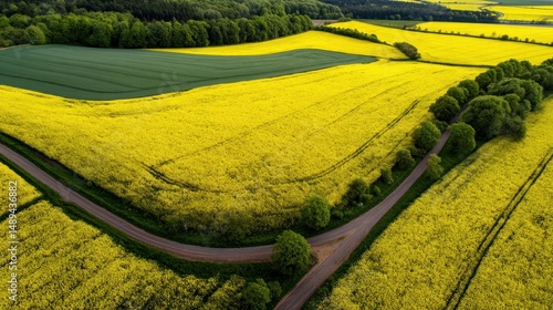 Aerial view of vibrant yellow rapeseed fields, green fields, and roads