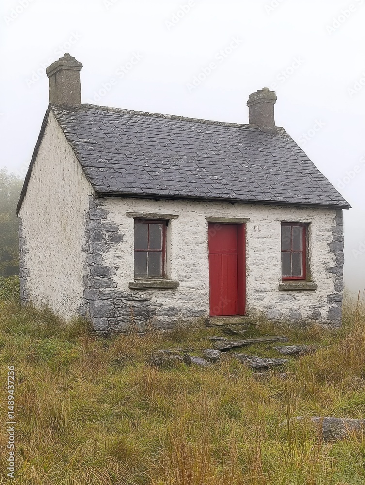 Fototapeta premium Secluded Stone Cottage Red Door Misty Landscape Ireland Rural fog old sky home grey view roof house