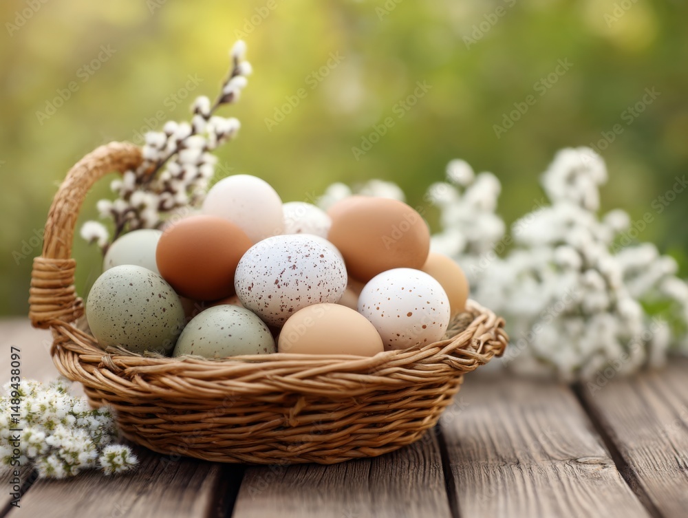 Obraz premium Easter basket holds various egg colors and flower blooms celebrating spring