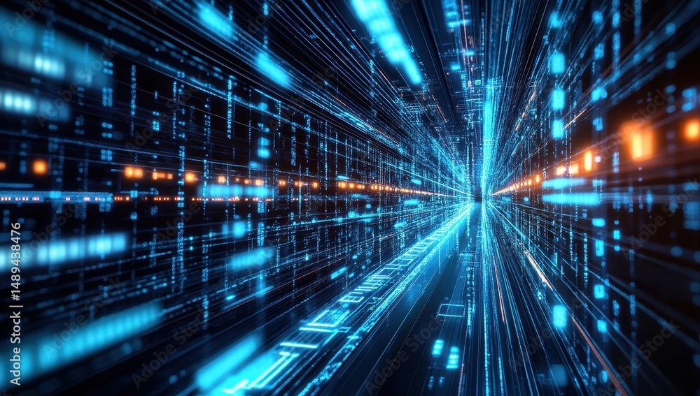 Futuristic digital tunnel with glowing data streams Futuristic digital tunnel with glowing data streams