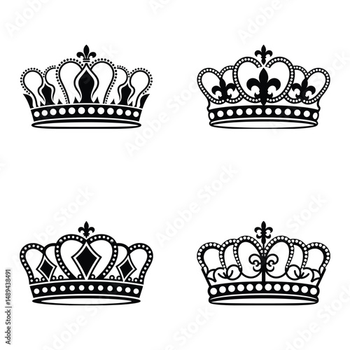 Four elegant black crown designs for royalty, luxury, and royal themed illustrations
