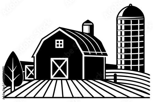 Grain Silo with Rustic Barn Vector Art