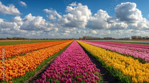 Colorful tulip fields under a vibrant sky.  A breathtaking panorama of various hues of tulips stretching into the horizon.  Rows of tulips, a beautiful display of nature's artistry