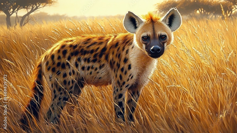 Obraz premium Spotted wild hyena standing alert in tall golden grass during warm sunlight with distant trees in the background