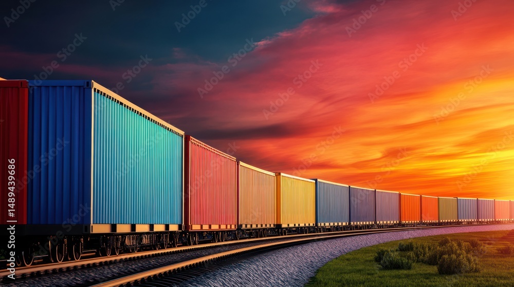 Obraz premium Vibrant Cargo Train at Sunset: A Symphony of Colors on Rails