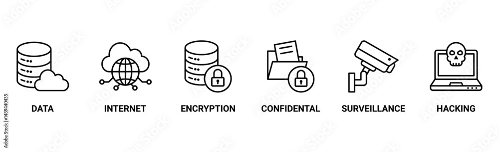 Privacy banner web icon vector illustration concept with icon of data, internet, encryption, confidential, surveillance and hacking Privacy banner web icon vector illustration concept with icon of data, internet, encryption, confidential, surveillance and hacking