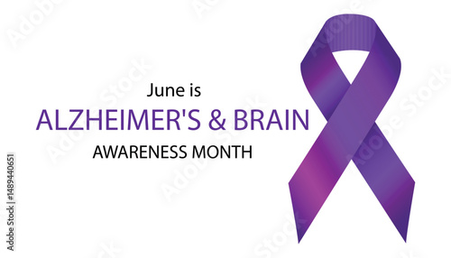 Alzheimer's and Brain Awareness Month. June. Purple awareness ribbon. Ideal for Alzheimers and Brain Awareness Month celebration. Vector banner. Eps10