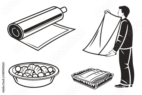 Black and White Vector Illustration of Food Preparation: Cling Film, Salad, Lasagna, and a Man.