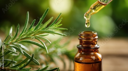 Rosemary essential oil dripping from pipette into amber bottle. Fresh rosemary sprigs surround the bottle