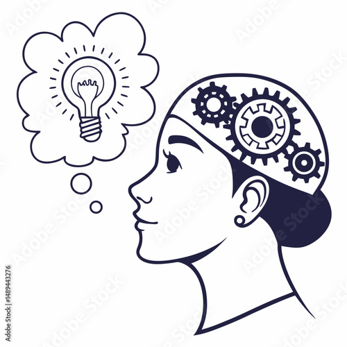 Woman thinking idea light bulb gears brain innovation creativity