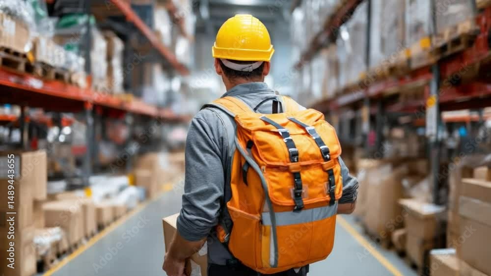Warehouse Worker at Work: A focused warehouse worker, wearing a yellow helmet and carrying a cardboard box, navigating the storage aisles, emphasizing productivity and precision. Warehouse Worker at Work: A focused warehouse worker, wearing a yellow helmet and carrying a cardboard box, navigating the storage aisles, emphasizing productivity and precision.