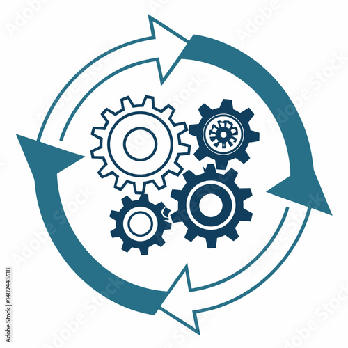 Interconnected gears rotating in circular motion process workflow