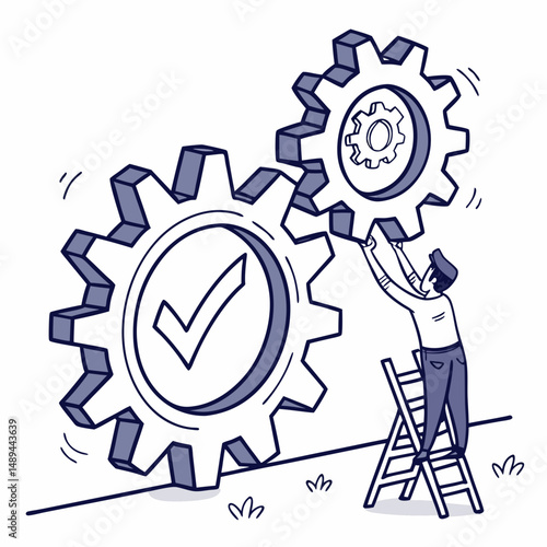 Man on ladder aligning interlocking gears with check mark
