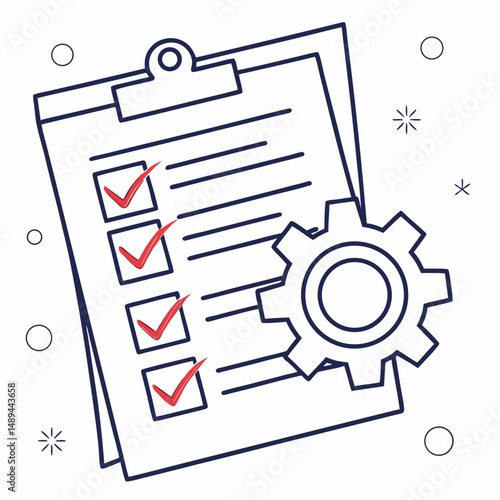 Checklist clipboard with gear process management workflow