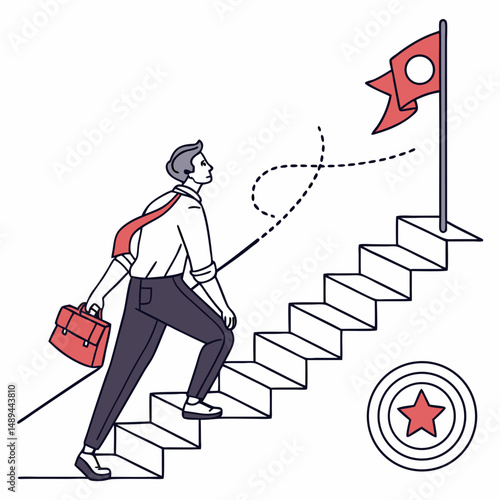 Businessman climbing stairs towards success flag ambition career growth