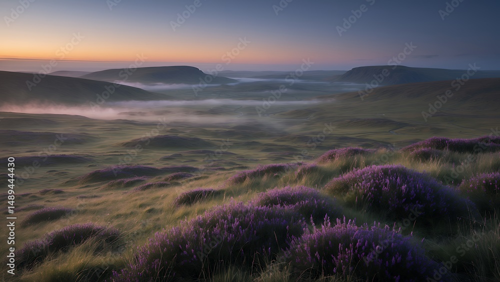 Obraz premium Heather Blooming on Rolling Hills Landscape with Foggy Valley at Sunset