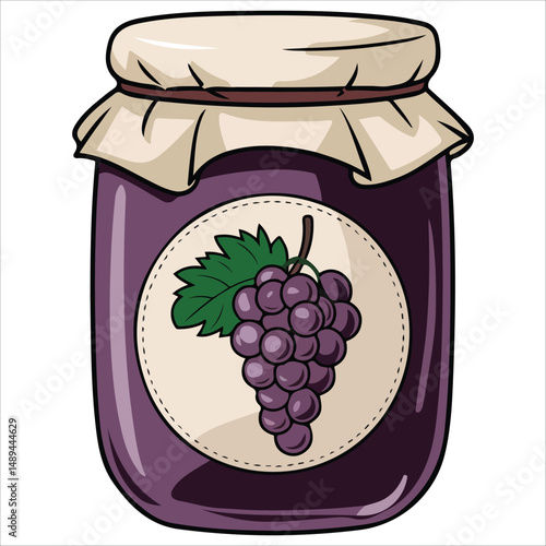 Glass jar of homemade grape jam sealed