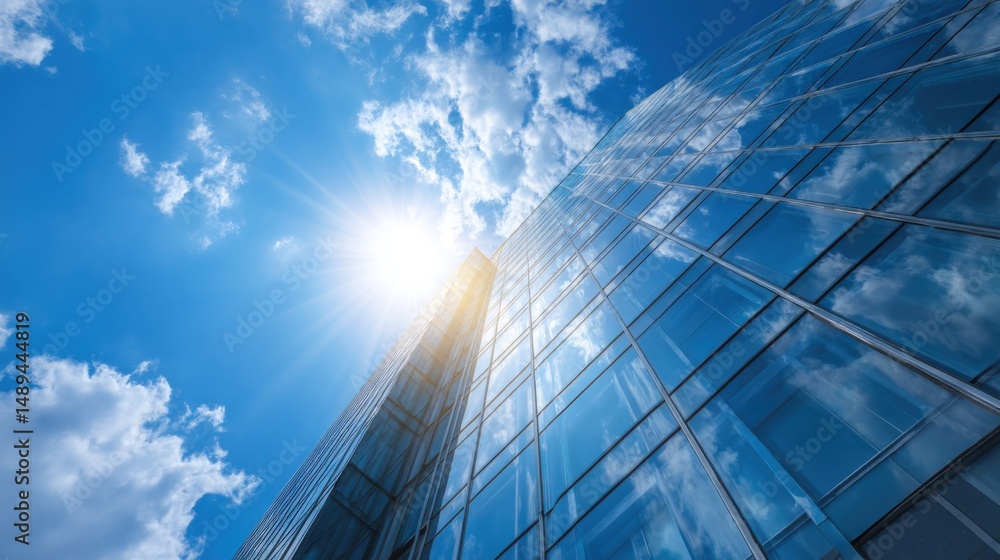 Fototapeta premium Glass building reflects sky and sun showing architecture and construction
