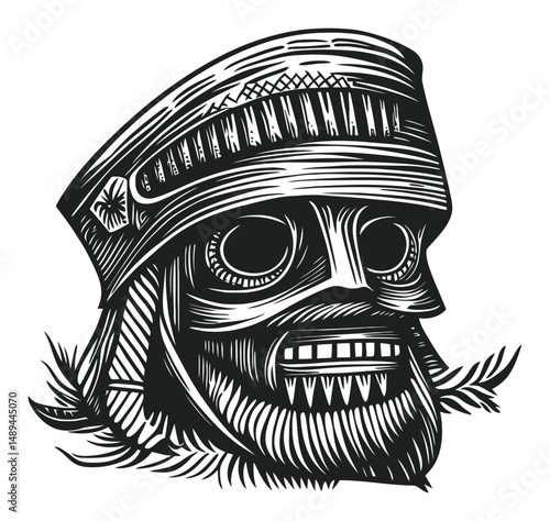 Intricate Black and White Engraving of a Historical Warrior Mask