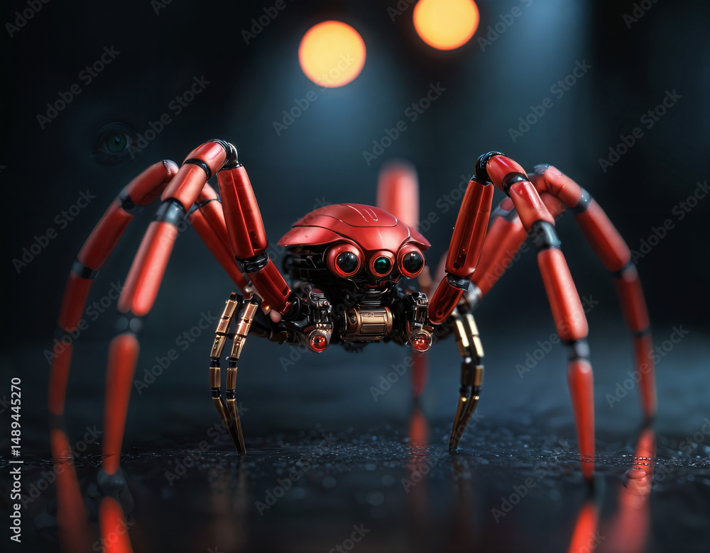 Fototapeta premium A sophisticated mechanical spider stands on a wet reflective surface, in a dark moody setting.