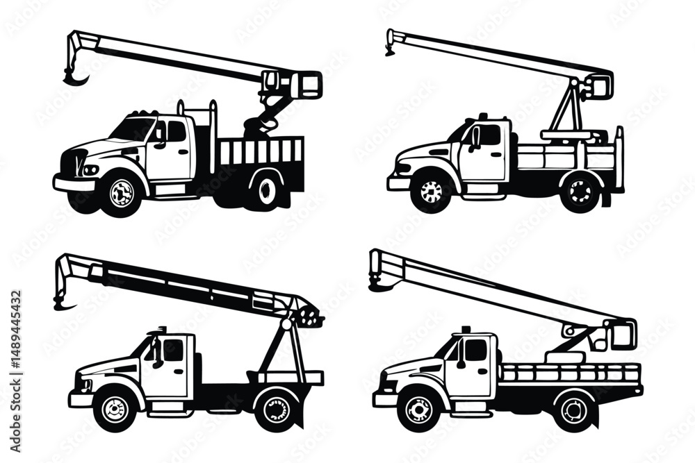 Vector Illustration Set of Boom Trucks, Mobile Crane Black Silhouette Isolated on White Background. Vector Illustration Set of Boom Trucks, Mobile Crane Black Silhouette Isolated on White Background.