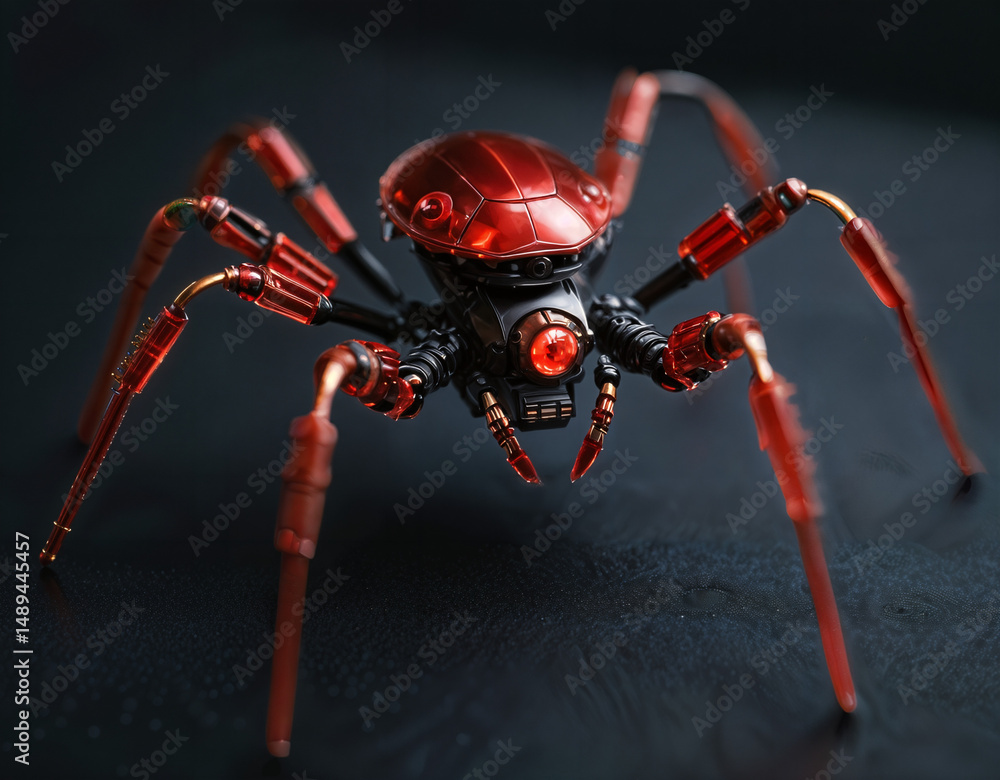 Fototapeta premium A futuristic robotic spider, with a blend of black and metallic red, stands on a dark surface.