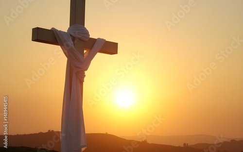 Wallpaper Mural White fabric-draped cross standing against a golden sunrise. High quality Torontodigital.ca