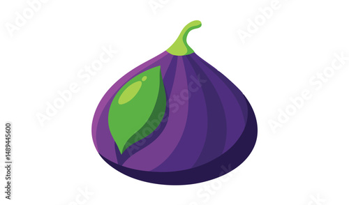 Stylized Illustration of a Purple Fig Fruit with a Green Leaf and Stem