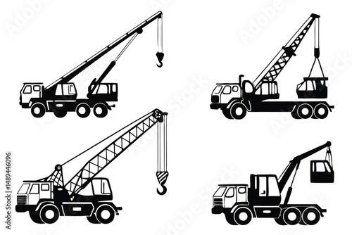Construction Mobile Cranes Silhouettes Illustration: Heavy Machinery, Industrial Vehicles, and Lifting Equipment for Infrastructure Projects.