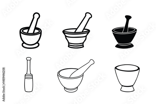 Mortar and Pestle Vector Set in Black and White: Cooking, Pharmacy, and Herbal Remedy Themes.