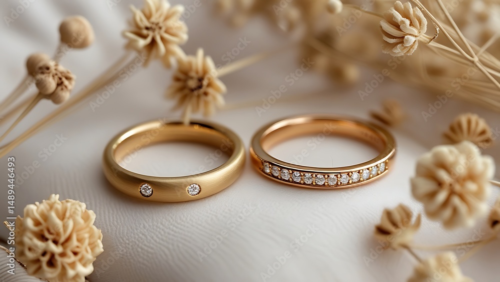The image features two gold rings, one with embedded diamonds and the other with a polished finish, surrounded by delicate dried flowers, showcasing their intricate details. The image features two gold rings, one with embedded diamonds and the other with a polished finish, surrounded by delicate dried flowers, showcasing their intricate details.