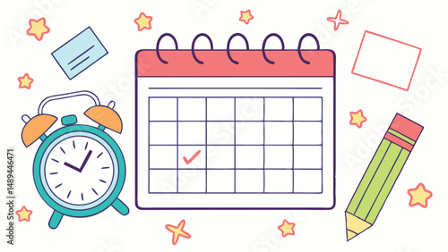 Calendar planner with clock and pencil for schedule management and time tracking organization reminder tool