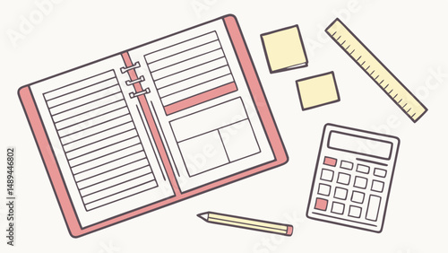 Stock photo of school supplies including notebook calculator and pencil for study and learning use