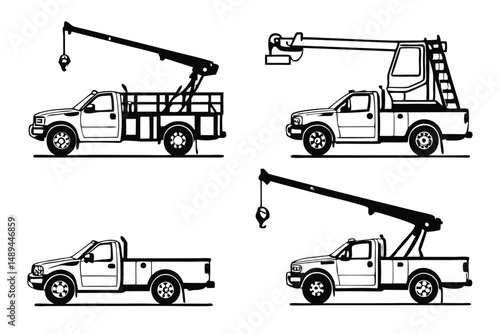 Black and White Illustration of Pickup Trucks with Cranes for Construction, Utility, and Emergency Services.