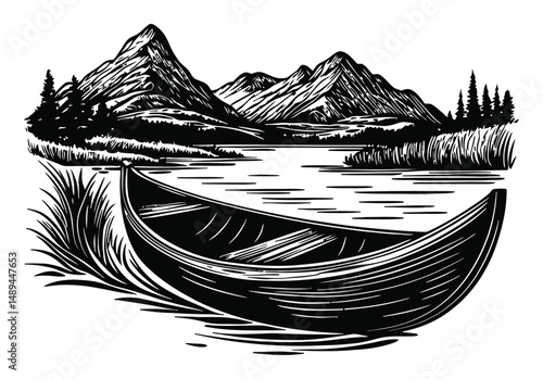 Serene Engraving of a Canoe on a Tranquil Lake with Mountains
