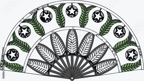 Decorative hand fan art illustration with star and leaf pattern for design and creative projects