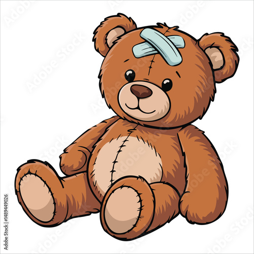 Broken teddy bear with sad expression