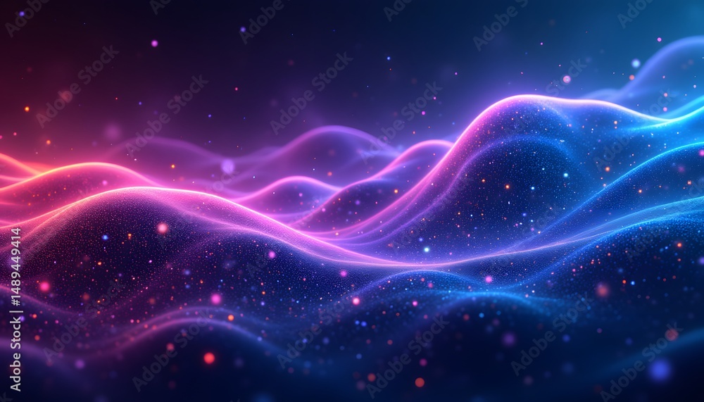 Fototapeta premium A mesmerizing backdrop featuring fluid, interconnected curves and shimmering particles suggestive of a celestial expanse; a sense of depth and movement is evoked through gradations of radiant color