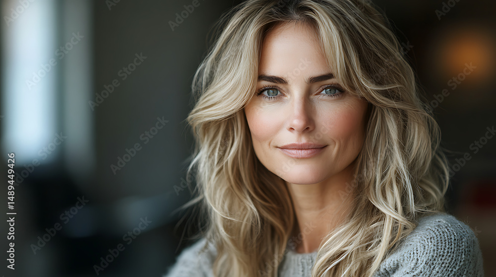 Smiling mature woman with flawless complexion highlighted under soft studio light Smiling mature woman with flawless complexion highlighted under soft studio light