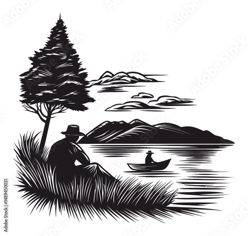 Serene Engraving of Man by Lake with Boat and Mountains in Background