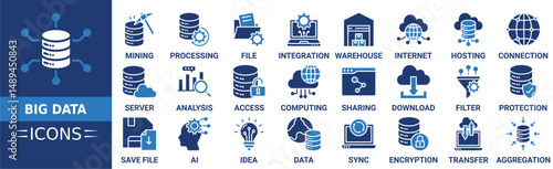 Big data icon set. Containing data mining, big data, processing, integration, file, server, analysis and more. Solid vector icons collection