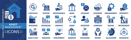 Asset Management icon set. Containing finance, investment, technology, growth, corporate, and more. Solid vector icons collection