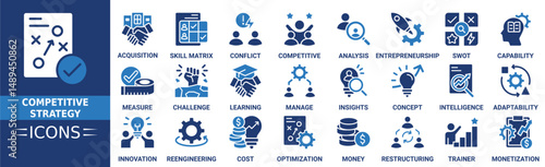 Competitive strategy icon set. Containing Acquisition, Skill Matrix, Conflict Resolution, Competitive advantage, competitor analysis, swot analysis and more. Solid vector icons collection