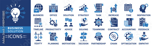Business Solution icon set. Containing management, planning, innovation, communication, partnership. Solid vector icons collection