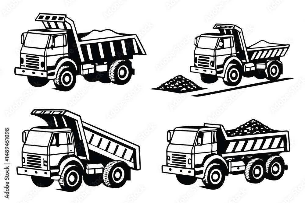 Collection of Construction Dump Trucks in Black and White, Construction Equipment, Heavy Machinery Vehicles, Vector Illustration. Collection of Construction Dump Trucks in Black and White, Construction Equipment, Heavy Machinery Vehicles, Vector Illustration.